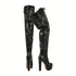 Lysandra Plateau-Stiefel aus Kunstleder mit Schnürdetails – hoher Absatz & Metallring-Design, modisch & elegant | Shiraki